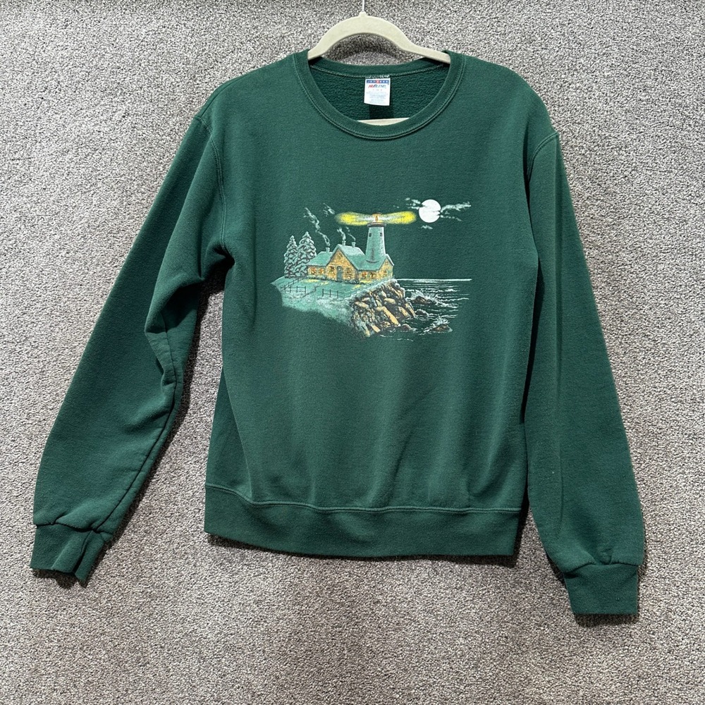 VTG Jerzees NuBlend Graphic Sweatshirt Forest Green Lighthouse Mens Small Winter